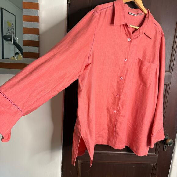 UNITS | Coral Linen Long Sleeve Chest Pocket Blouse Ladder Stitch | Size 3X - Picture 4 of 6